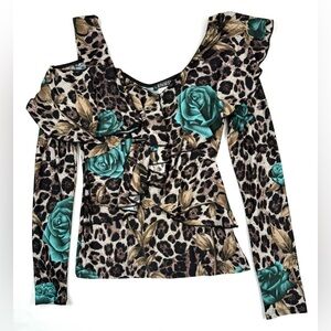 VENUS Womens Cold Shoulder Ruffle Blouse XS Leopard Teal Rose Print Y2K Inspired